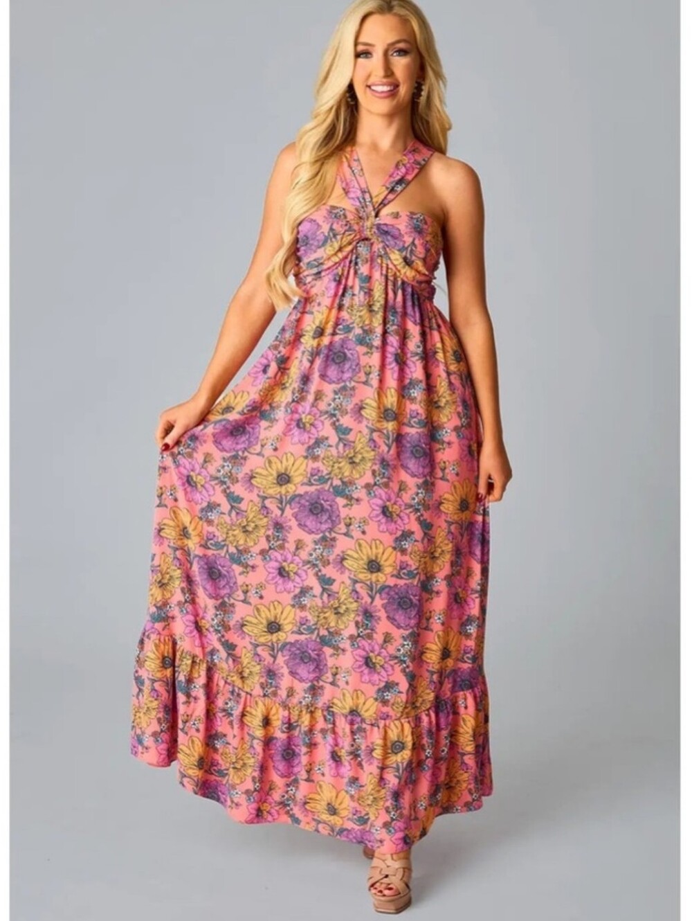 NWT Buddy Love Charlotte Nectar Dress Large Halter Top Smocked Back Colorful